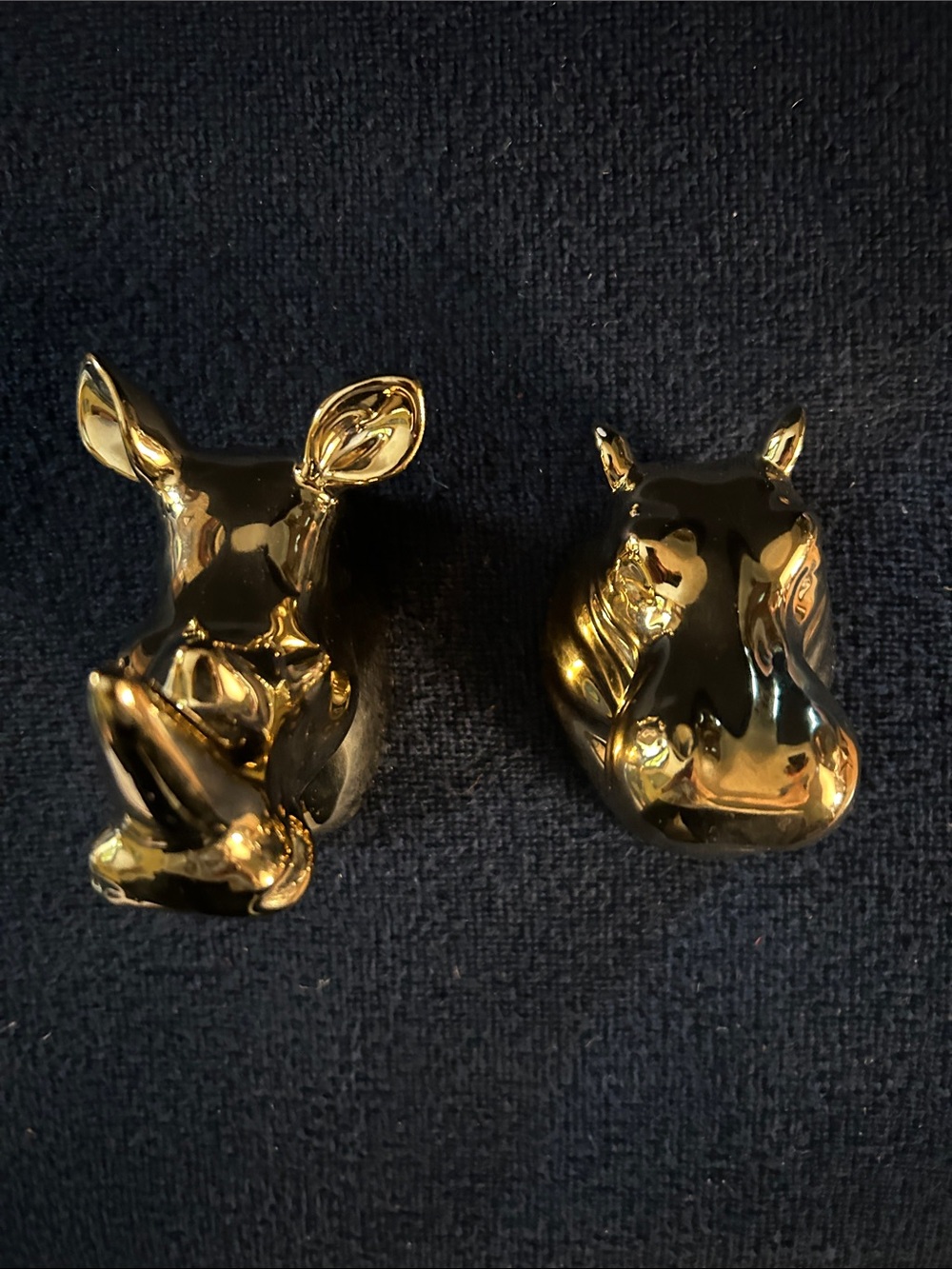 Vintage Mid Century Gold Ceramic Hippo & Rhino Heads Wall Hangings Set of 2